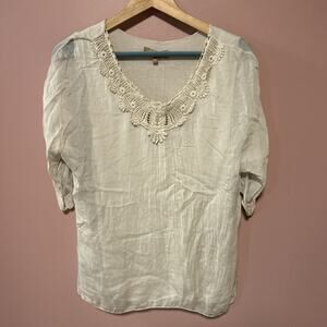 Carla Conti Silk Shirt Lace Neck Half Sleeve Beige Top Blouse Small Layered